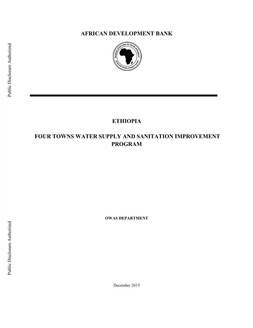African Development Bank Ethiopia Four Towns Water Supply and Sanitation Improvement Program