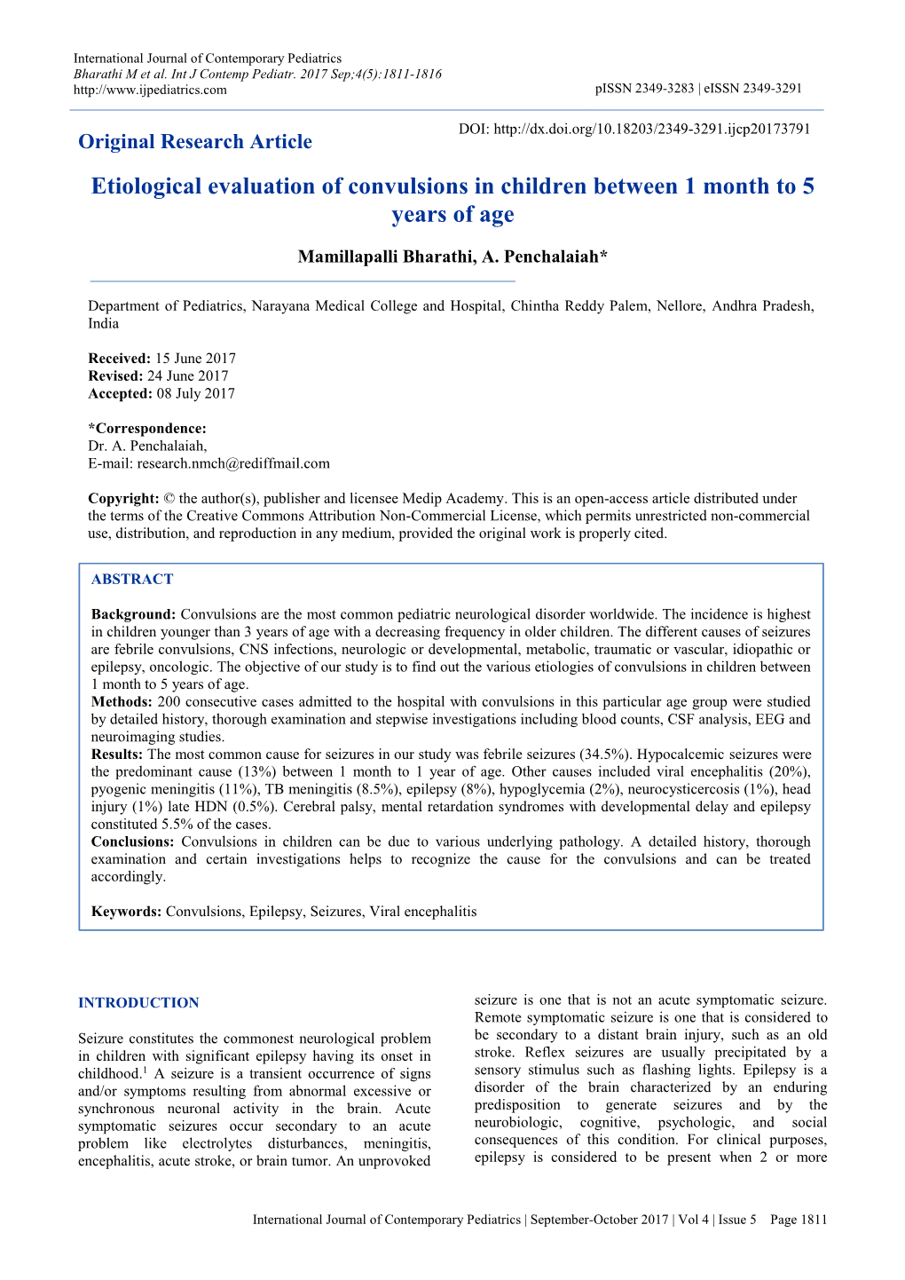 Etiological Evaluation of Convulsions in Children Between 1 Month to 5 Years of Age