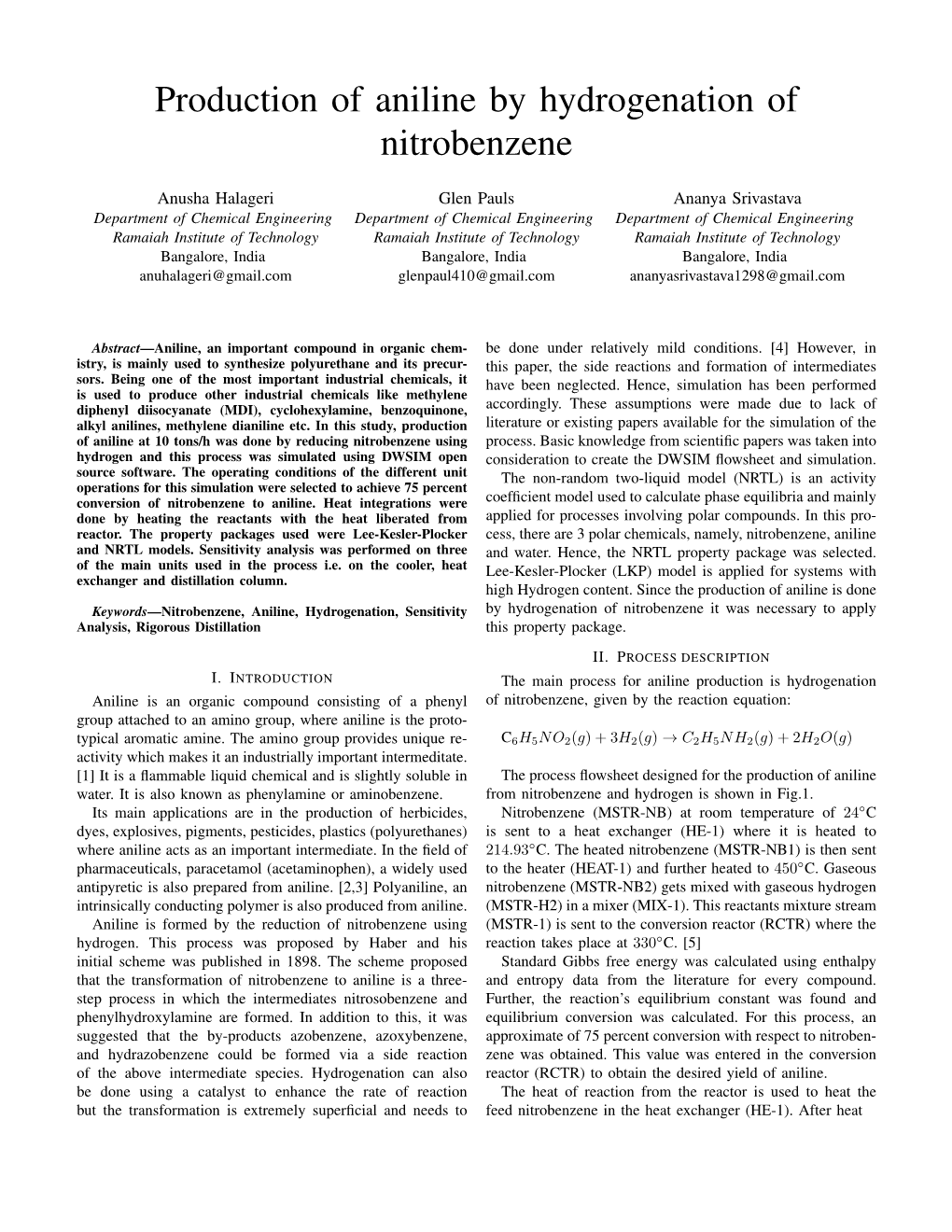 Production of Aniline by Hydrogenation of Nitrobenzene