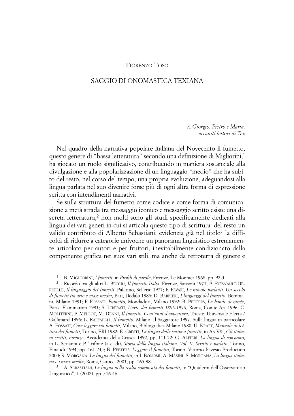 SAGGIO DI ONOMASTICA TEXIANA Nel Quadro