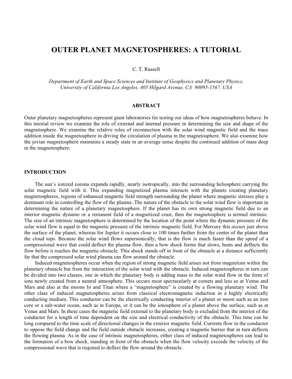 Outer Planet Magnetospheres: a Tutorial