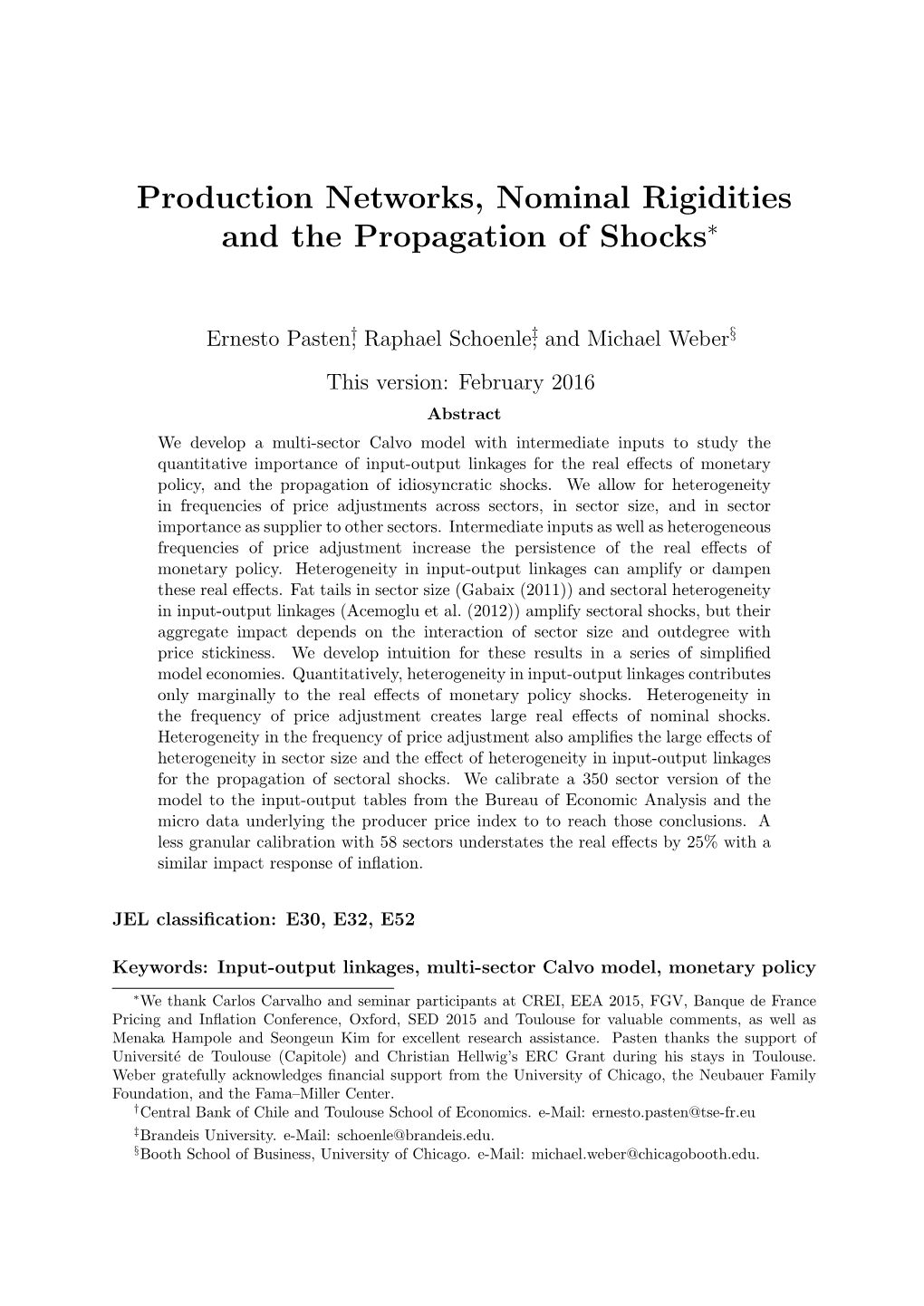 Production Networks, Nominal Rigidities and the Propagation of Shocks∗