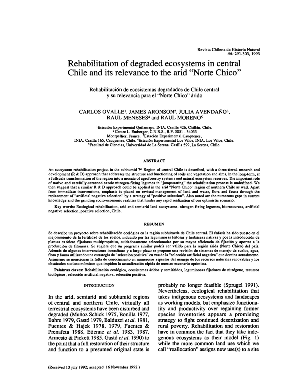 Rehabilitation of Degraded Ecosystems in Central Chile and Its Relevance to the Arid 