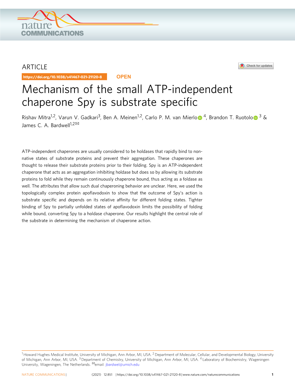 Mechanism of the Small ATP-Independent Chaperone Spy Is Substrate Speciﬁc