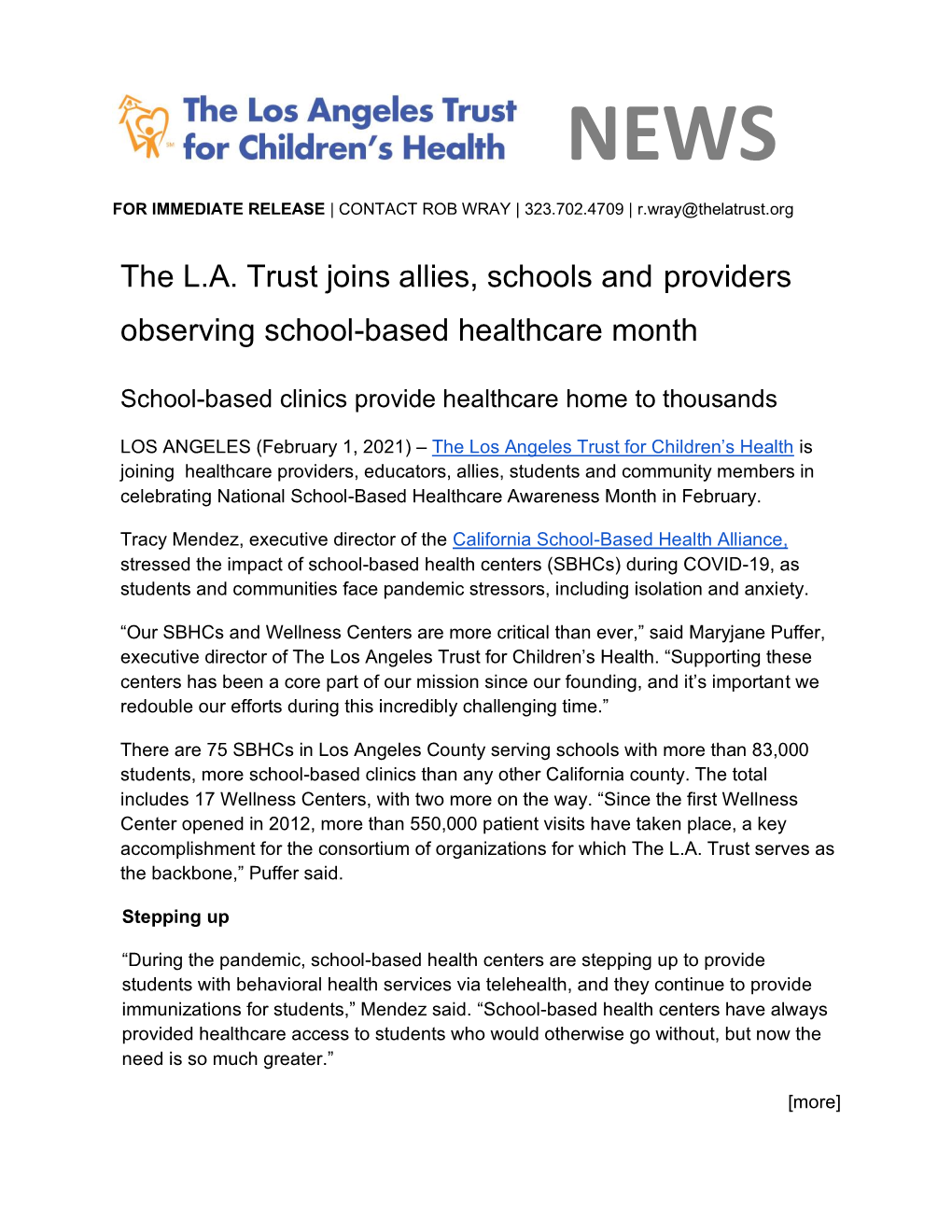 The L.A. Trust Joins Allies, Schools and Providers Observing School-Based Healthcare Month