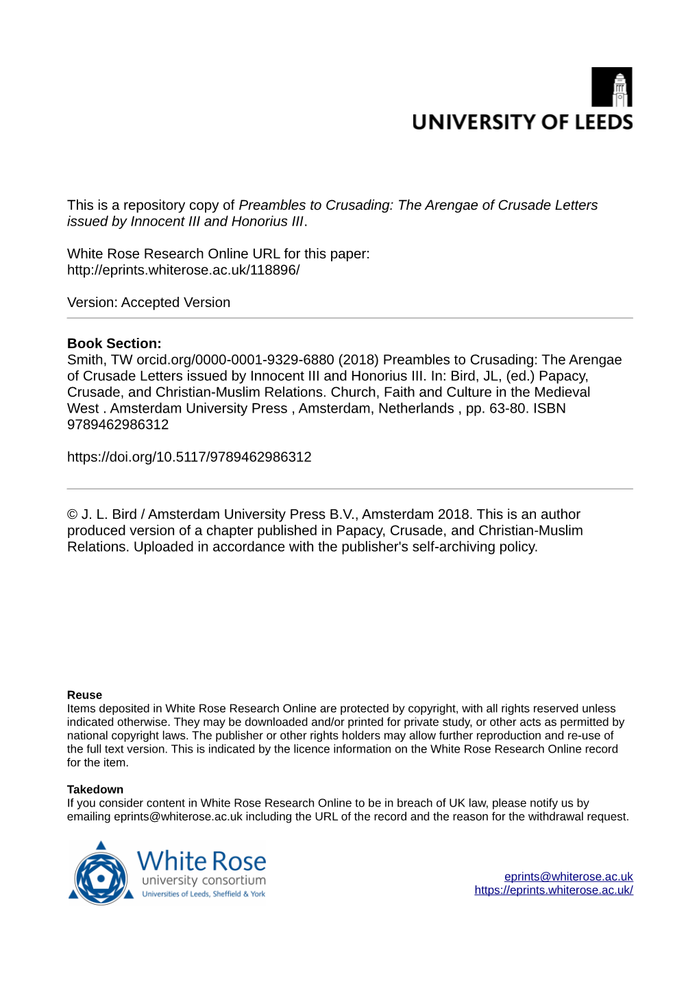 The Arengae of Crusade Letters Issued by Innocent III and Honorius III