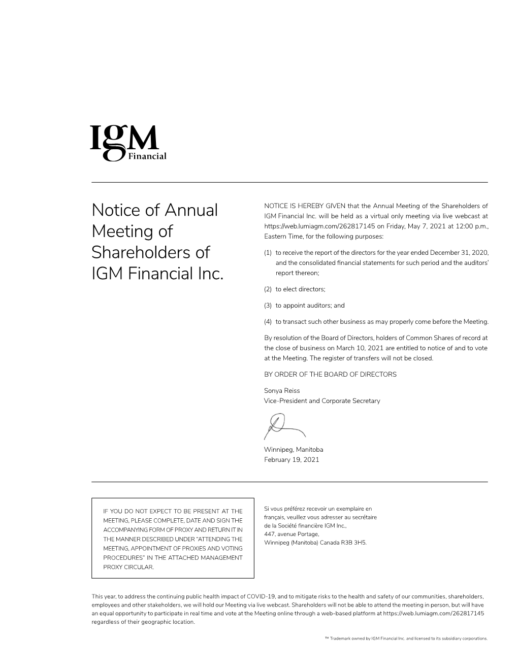 Notice of Annual Meeting of Shareholders of IGM Financial Inc