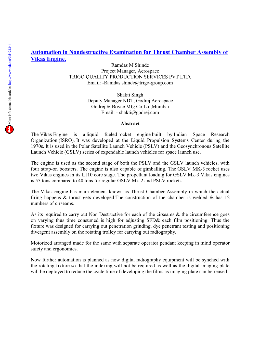 Automation in Non Destructive Examination for Thrust Chamber