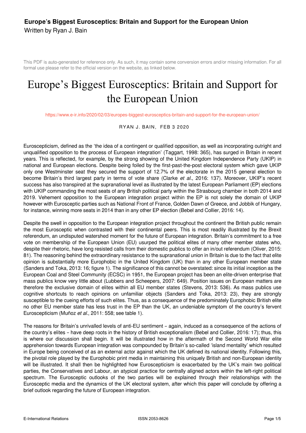 Europe's Biggest Eurosceptics: Britain and Support for the European Union