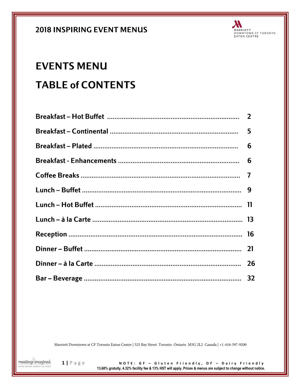 EVENTS MENU TABLE of CONTENTS