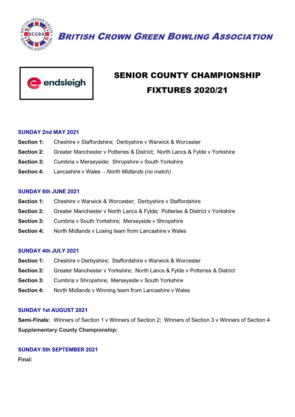BCGBA 2020/21 Senior County Championship Fixtures