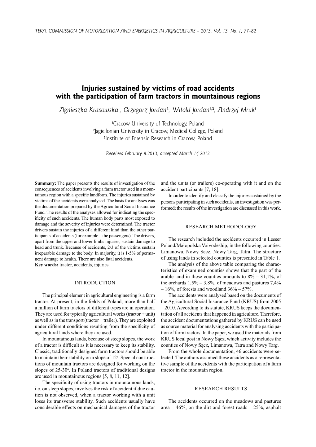 Injuries Sustained by Victims of Road Accidents with the Participation of Farm Tractors in Mountainous Regions