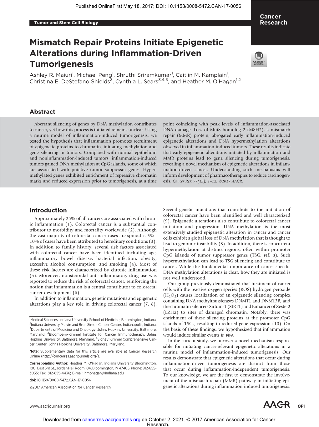 Mismatch Repair Proteins Initiate Epigenetic Alterations During Inﬂammation-Driven Tumorigenesis Ashley R