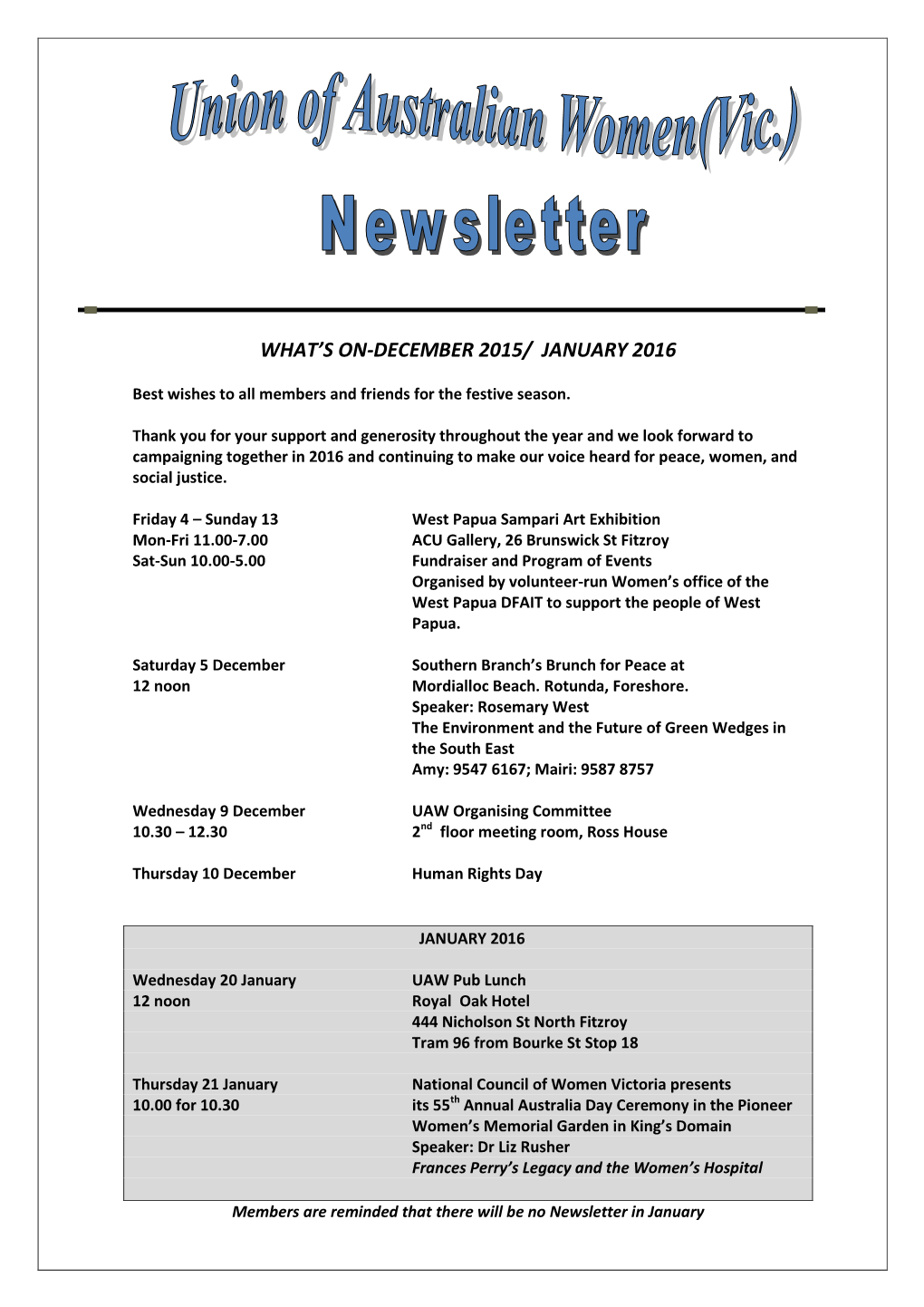 Union of Australian Women (Vic) Newsletter December 2015