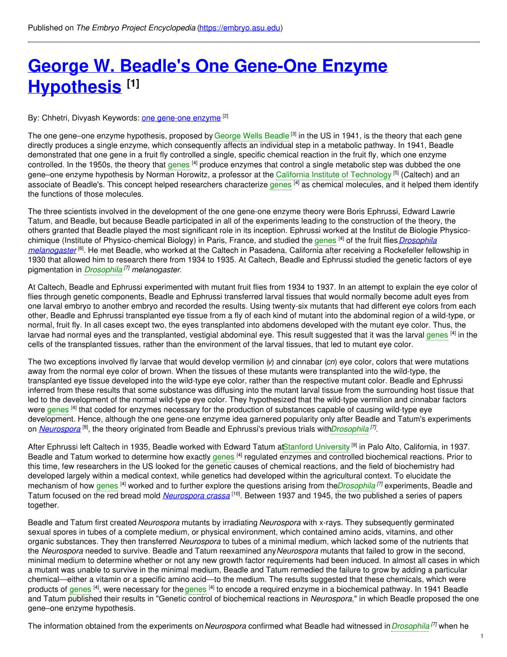 George W. Beadle's One Gene-One Enzyme Hypothesis [1]