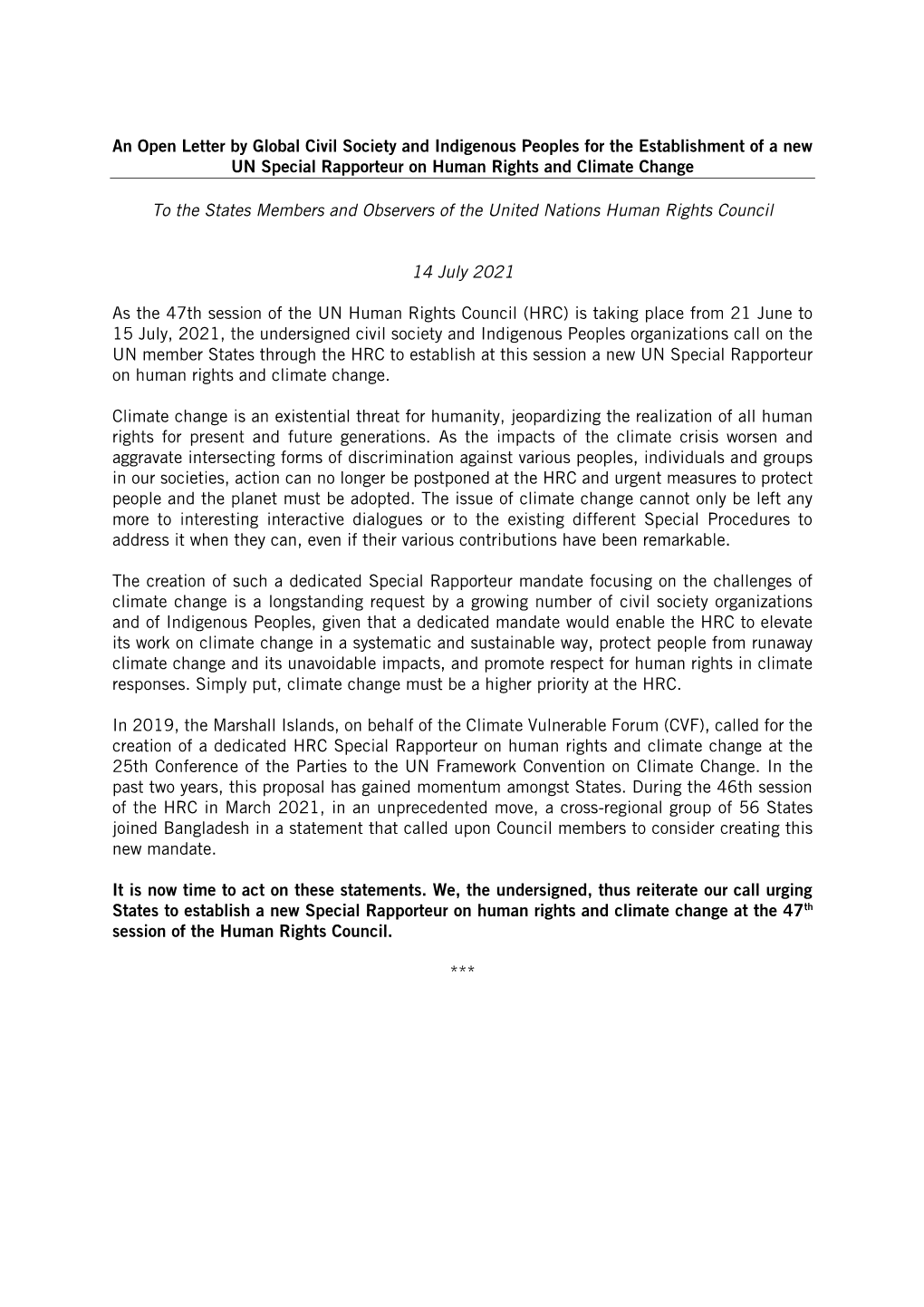 Open Letter by Global Civil Society and Indigenous Peoples for the Establishment of a New UN Special Rapporteur on Human Rights and Climate Change
