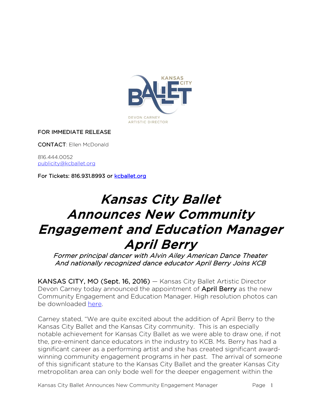 Kansas City Ballet Announces New Community Engagement and Education Manager April Berry