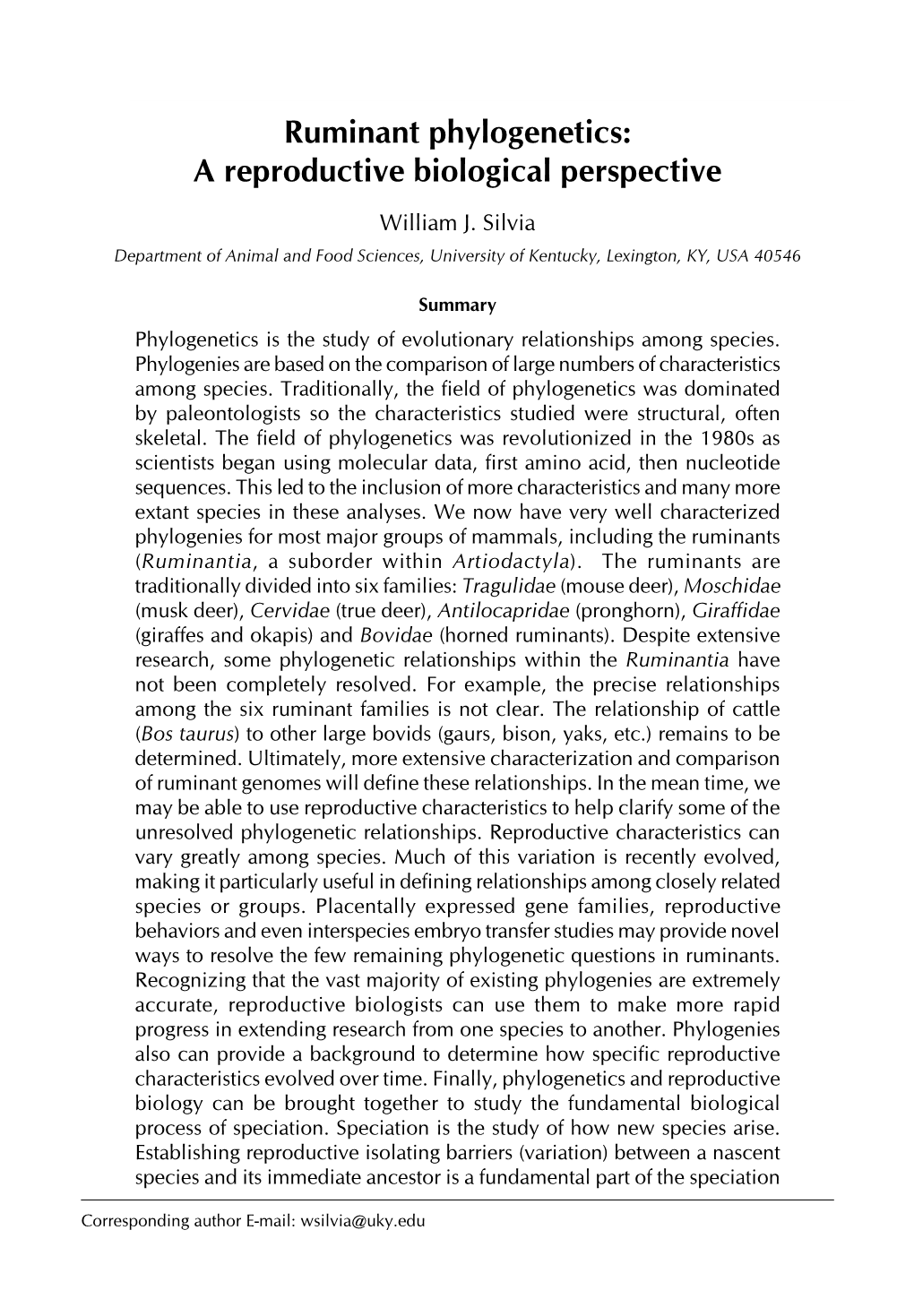 Ruminant Phylogenetics: a Reproductive Biological Perspective 1 Ruminant Phylogenetics: a Reproductive Biological Perspective