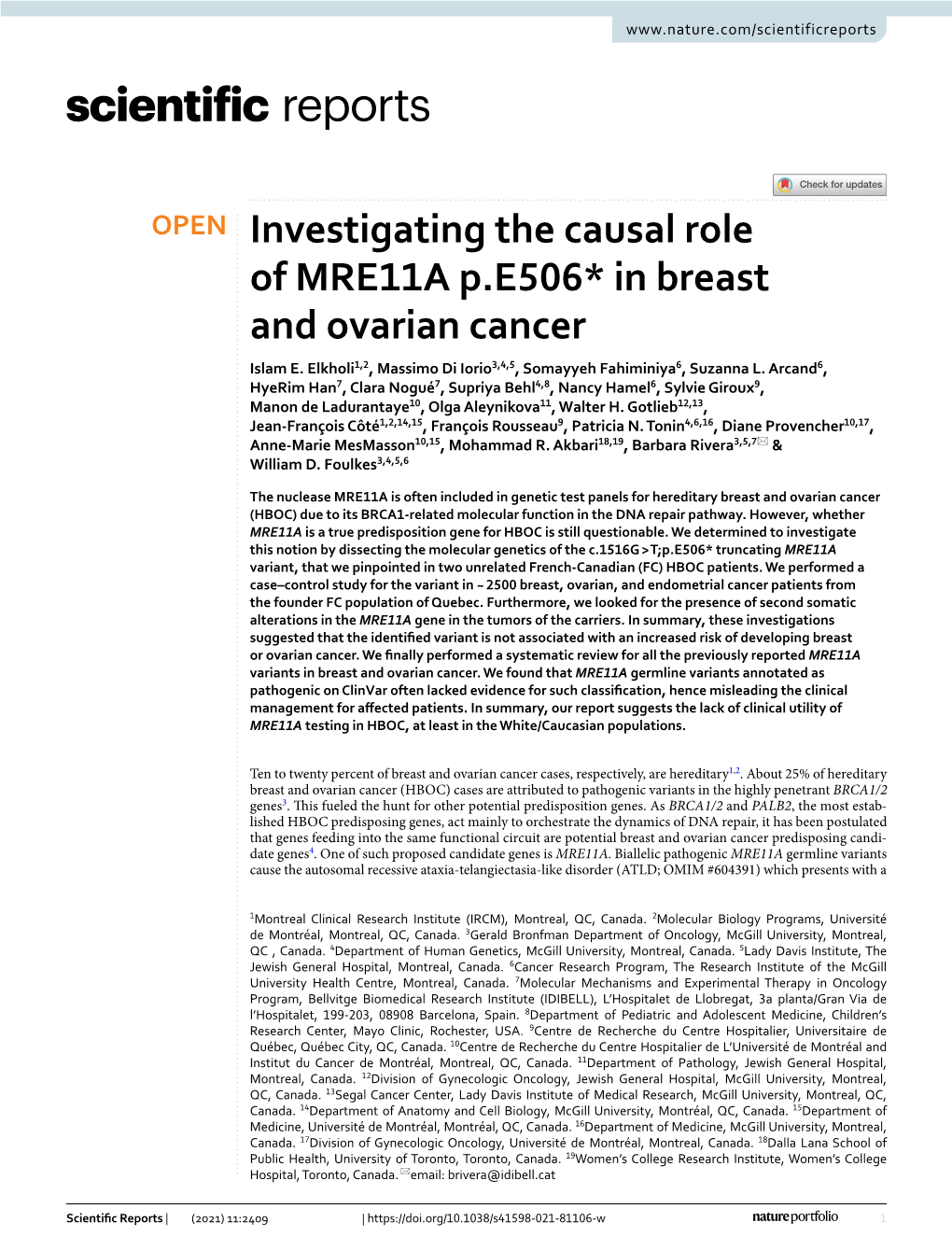 Investigating the Causal Role of MRE11A P.E506* in Breast and Ovarian Cancer Islam E