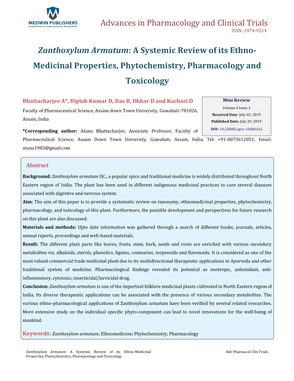 Zanthoxylum Armatum: a Systemic Review of Its Ethno- Medicinal Properties, Phytochemistry, Pharmacology and Toxicology