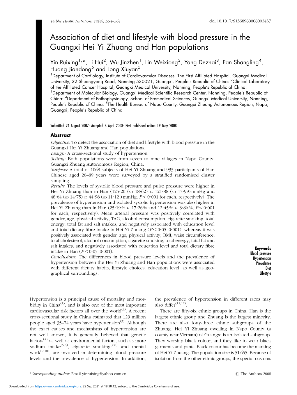 Association of Diet and Lifestyle with Blood Pressure in the Guangxi Hei Yi Zhuang and Han Populations