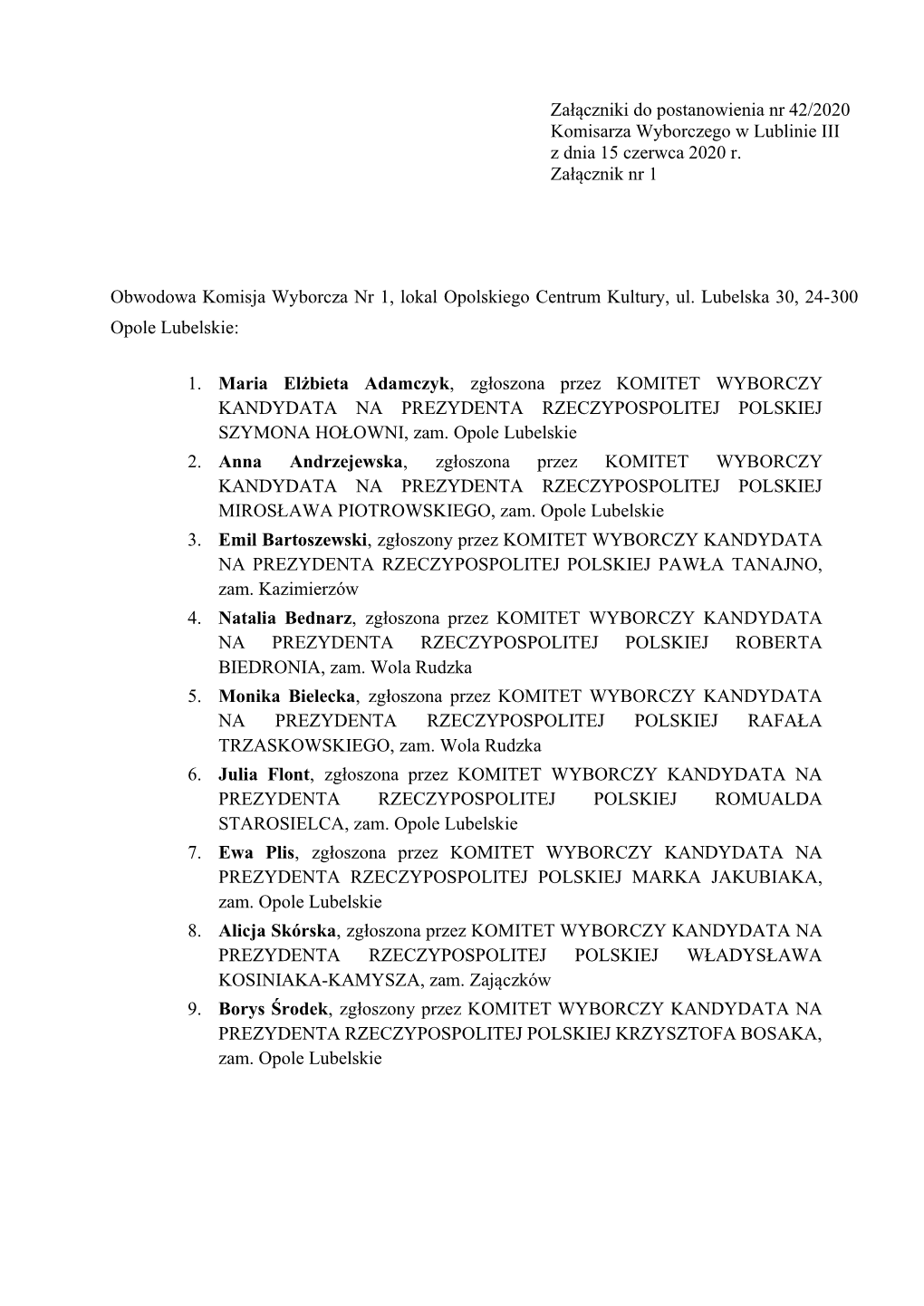 Załączniki Do Postanowienia Nr 42/2020 Komisarza Wyborczego W Lublinie III Z Dnia 15 Czerwca 2020 R