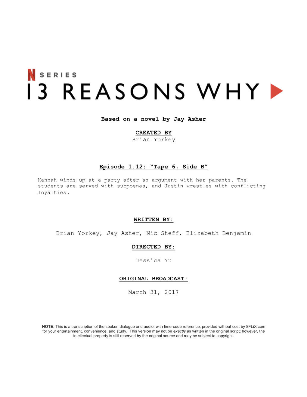 13 Reasons Why | Dialogue Transcript | S1:E12
