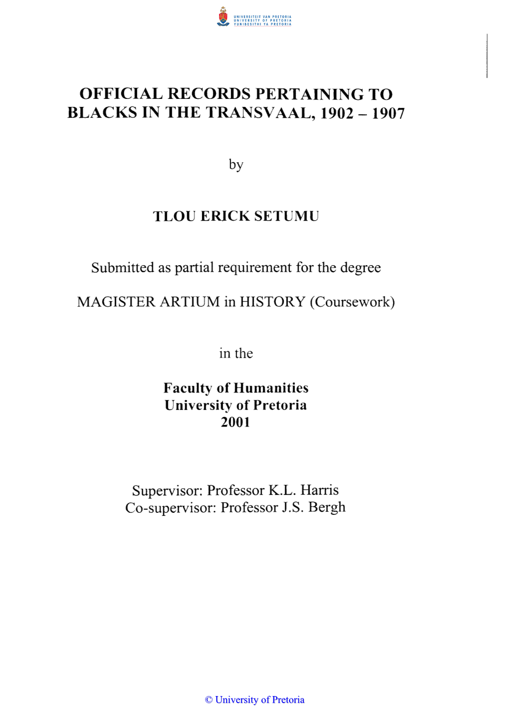 Official Records Pertaining to Blacks in the Transvaal, 1902- 1907