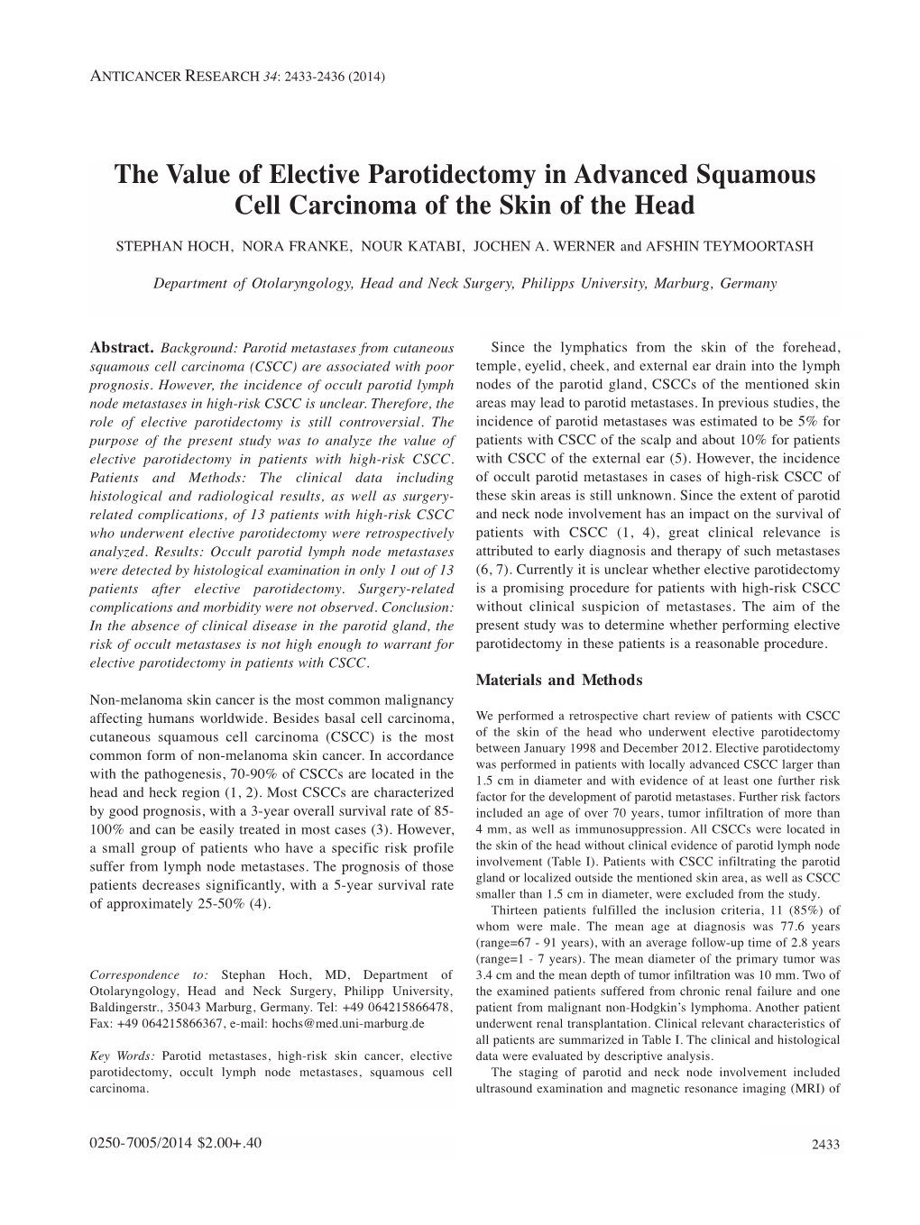 The Value of Elective Parotidectomy in Advanced Squamous Cell Carcinoma of the Skin of the Head