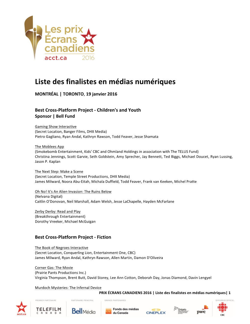 Liste Des Finalistes En Médias Numériques