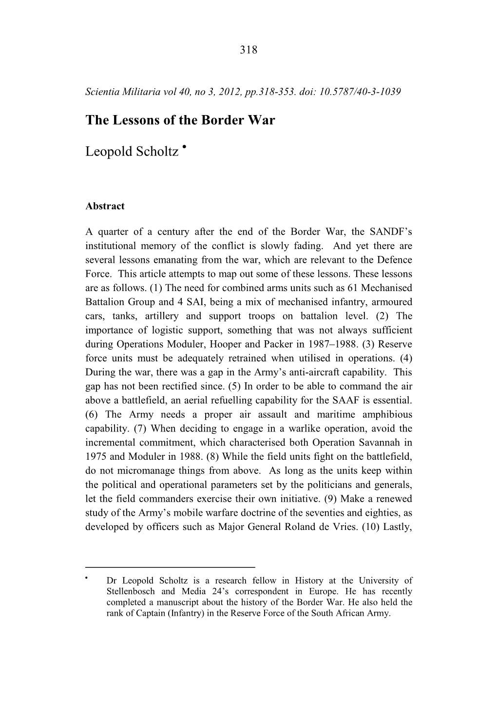 The Lessons of the Border War Leopold Scholtz