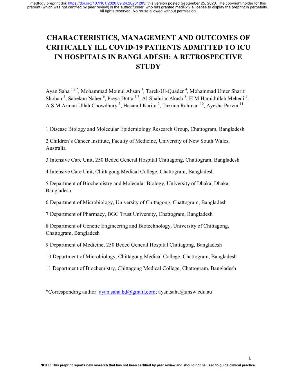 Characteristics, Management and Outcomes of Critically Ill Covid-19 Patients Admitted to Icu in Hospitals in Bangladesh: a Retrospective Study