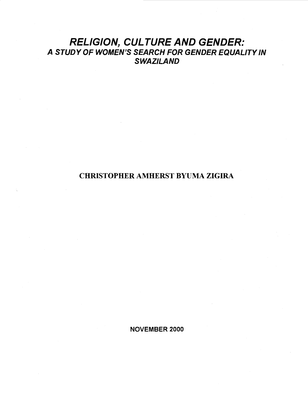 Religion, Culture and Gender: a Study of Women's Search for Gender Equality in Swaziland