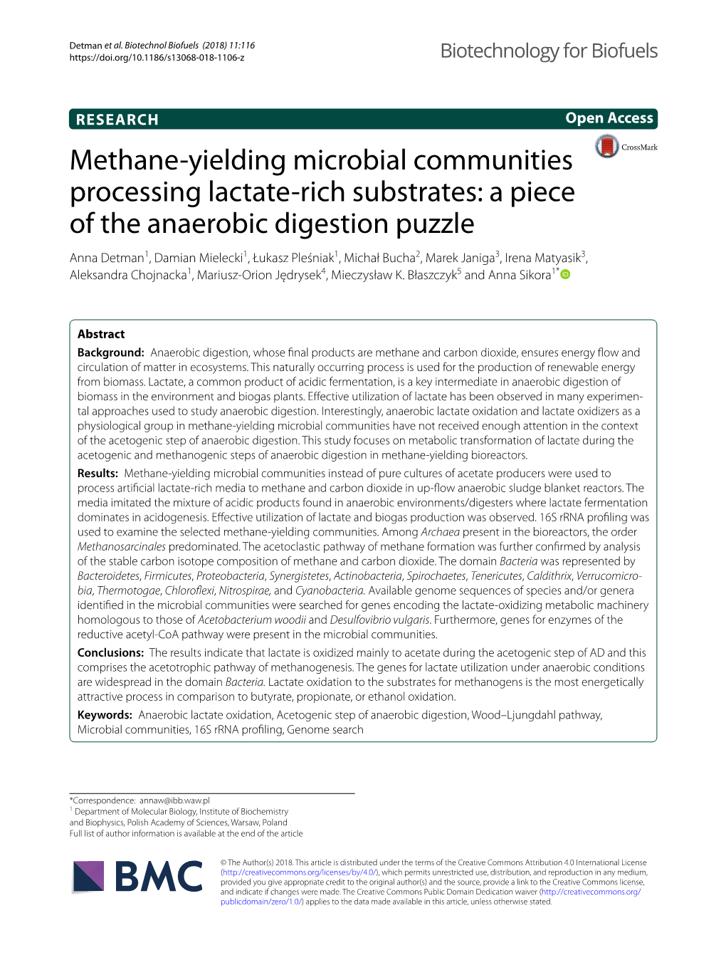 Methane-Yielding Microbial Communities Processing Lactate-Rich Medium to Methane M1A M1B