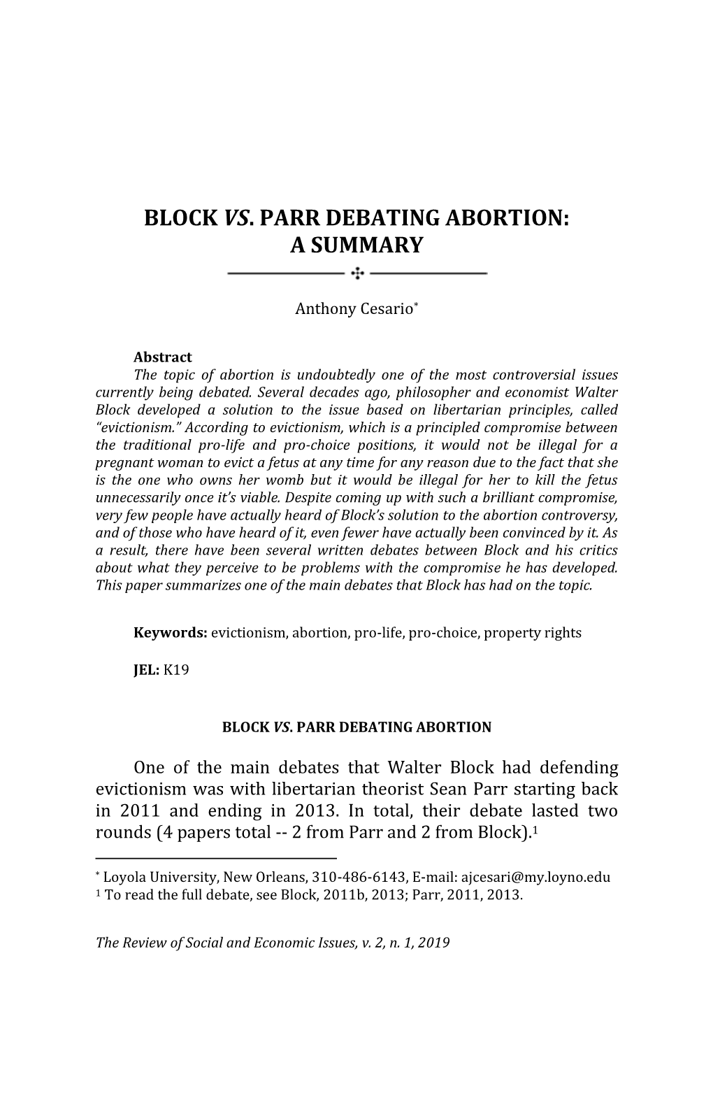 Block Vs. Parr Debating Abortion: a Summary