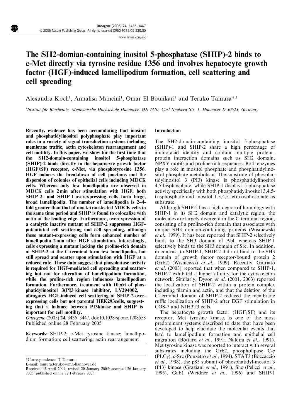 The SH2-Domian-Containing Inositol 5-Phosphatase (SHIP)-2 Binds to C-Met Directly Via Tyrosine Residue 1356 and Involves Hepatoc