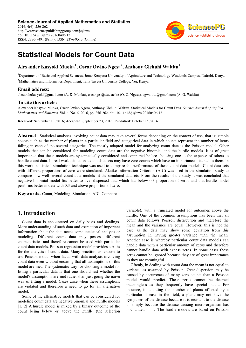 Statistical Models for Count Data