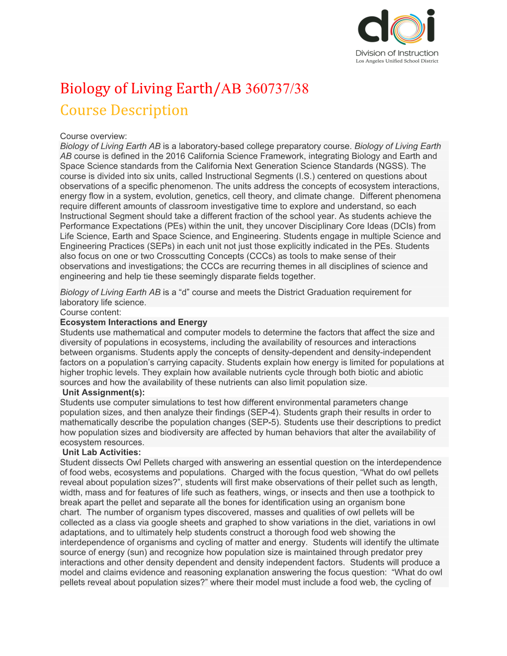 Biology of Living Earth/AB 360737/38 Course Description