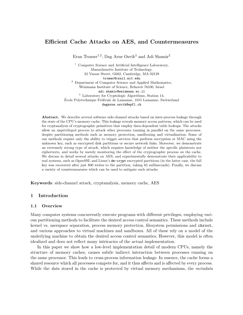 Efficient Cache Attacks on AES, and Countermeasures