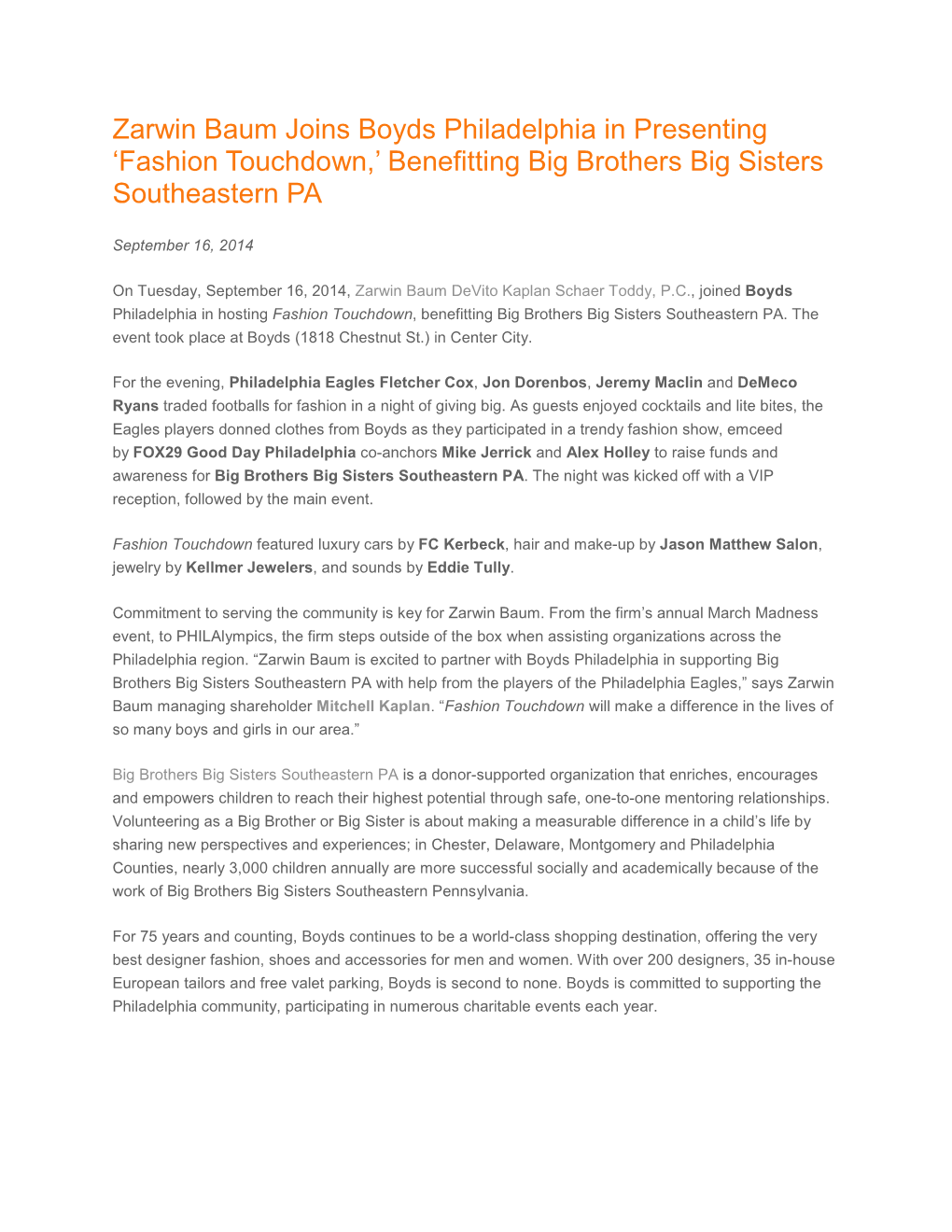 Zarwin Baum Joins Boyds Philadelphia in Presenting ‘Fashion Touchdown,’ Benefitting Big Brothers Big Sisters Southeastern PA