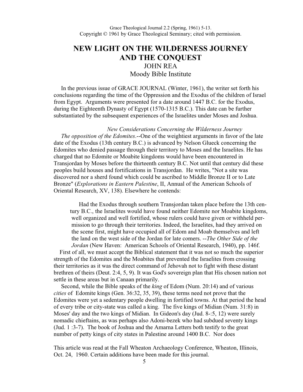 NEW LIGHT on the WILDERNESS JOURNEY and the CONQUEST JOHN REA Moody Bible Institute