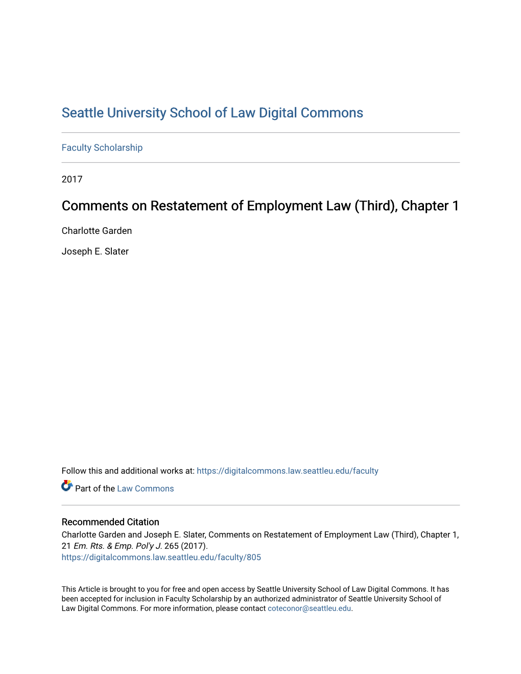 Comments on Restatement of Employment Law (Third), Chapter 1
