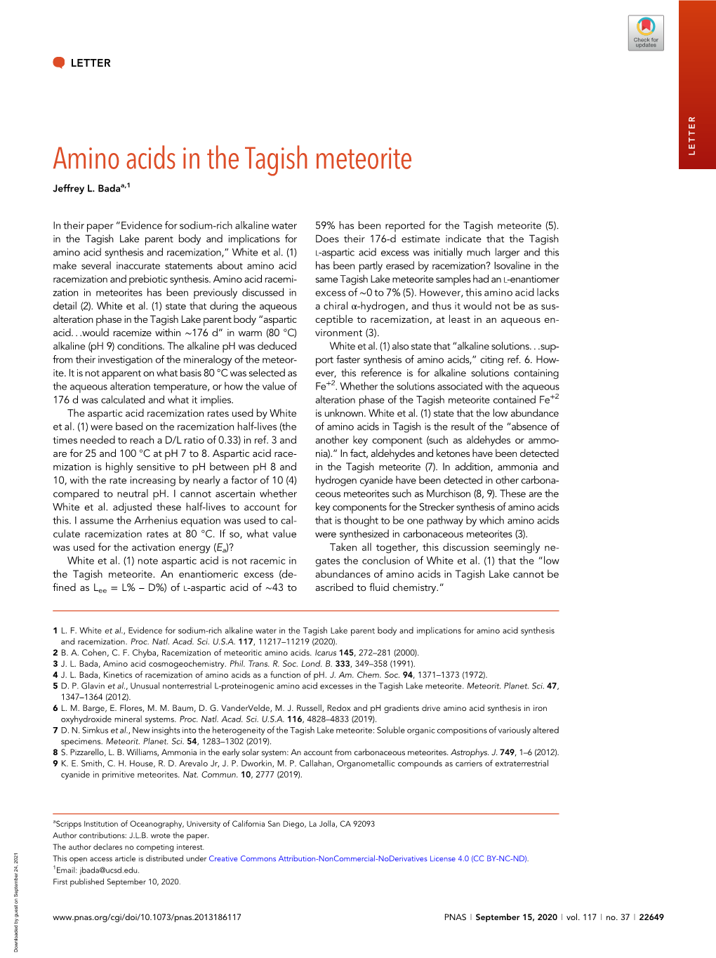 Amino Acids in the Tagish Meteorite LETTER Jeffrey L