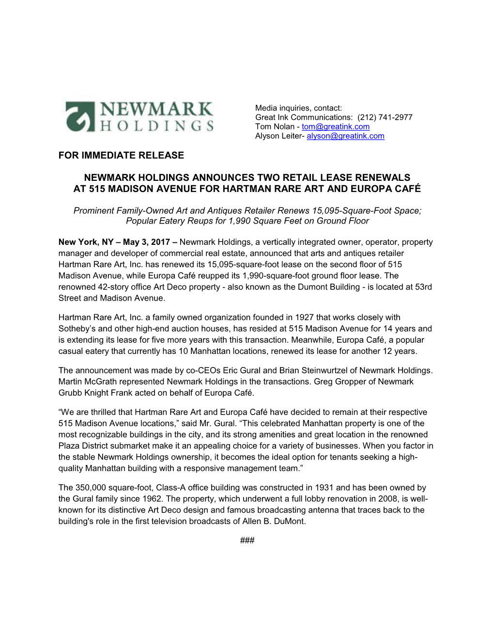 For Immediate Release Newmark Holdings