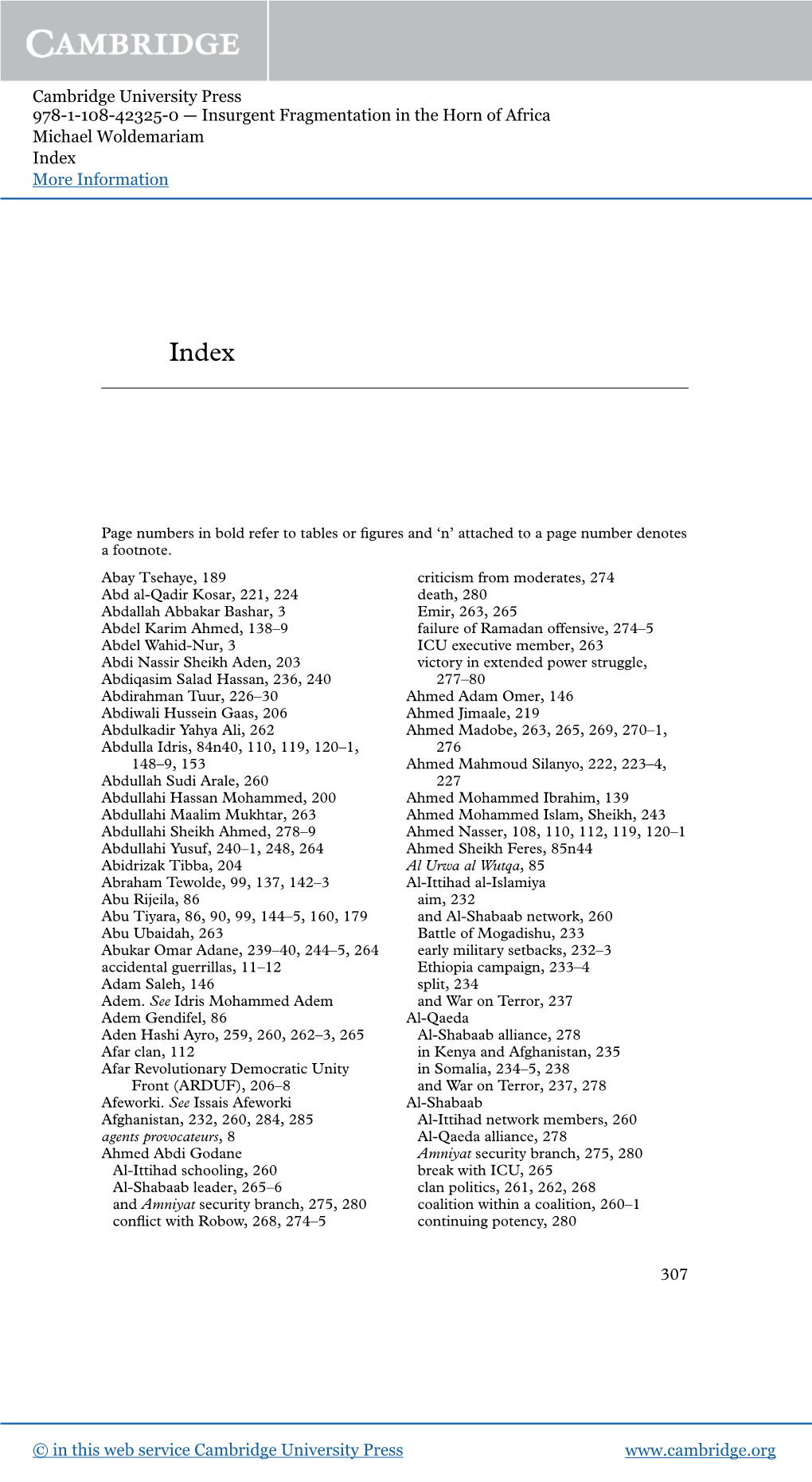 Cambridge University Press 978-1-108-42325-0 — Insurgent Fragmentation in the Horn of Africa Michael Woldemariam Index More Information