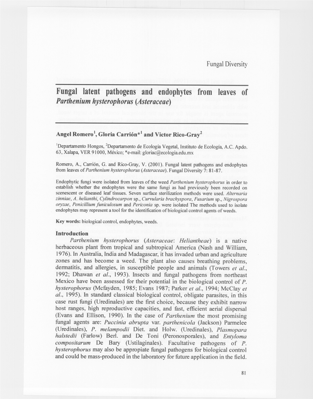 Fungal Latent Pathogens and Endophytes from Leaves of Parthenium Hysterophorus (Asteraceae)