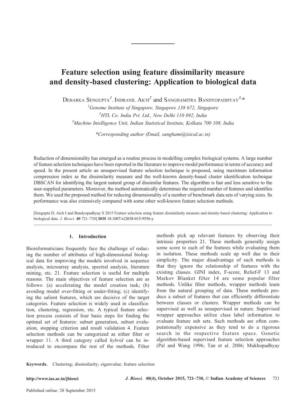 Feature Selection Using Feature Dissimilarity Measure and Density-Based Clustering: Application to Biological Data