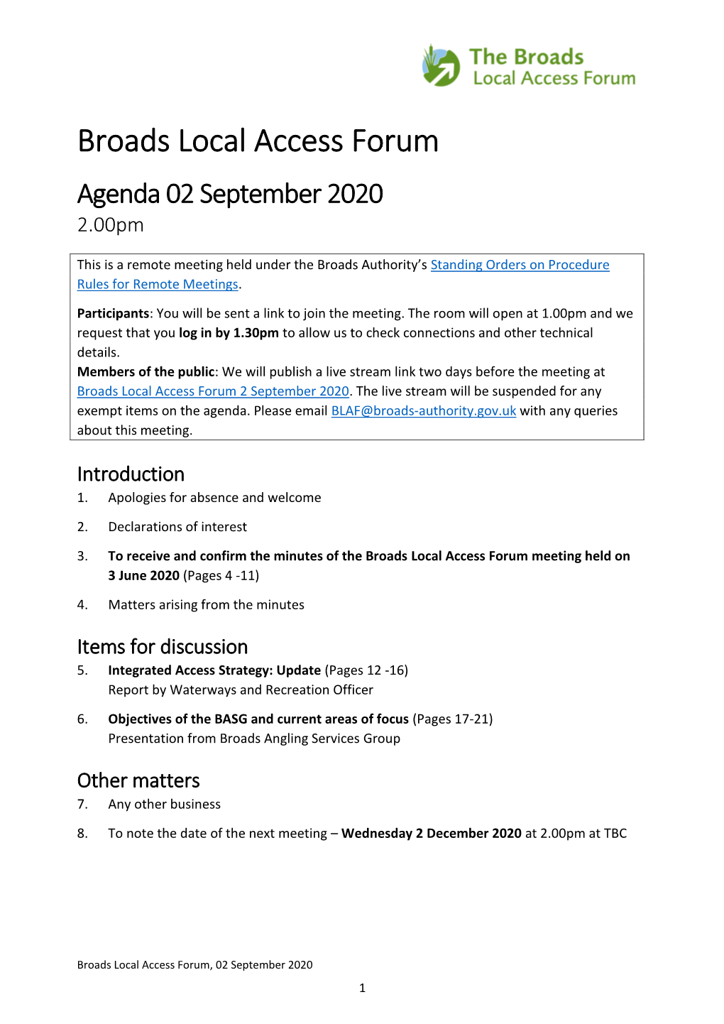 Broads Local Access Forum Agenda 02 September 2020 2.00Pm