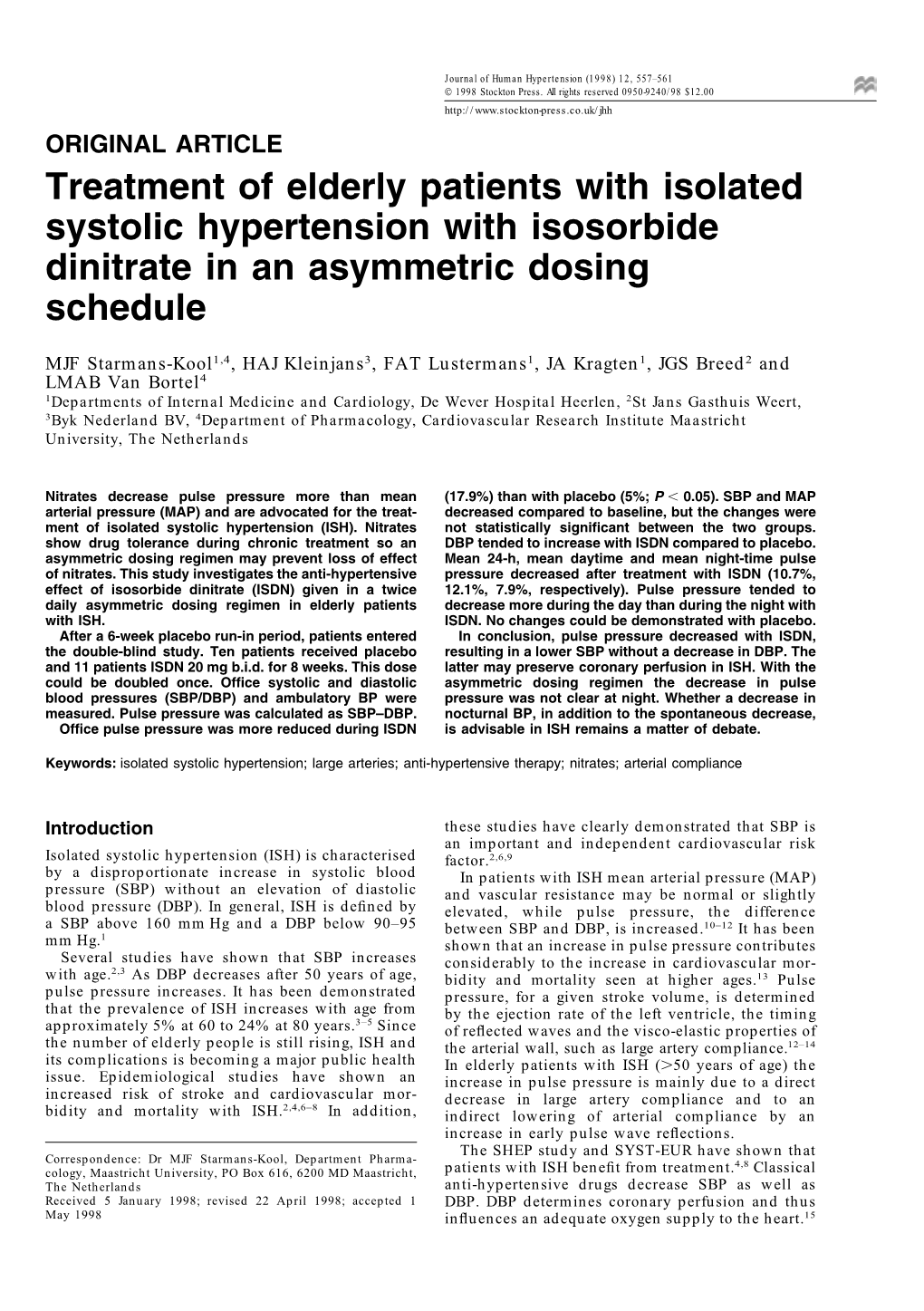 Treatment of Elderly Patients with Isolated Systolic Hypertension with Isosorbide Dinitrate in an Asymmetric Dosing Schedule