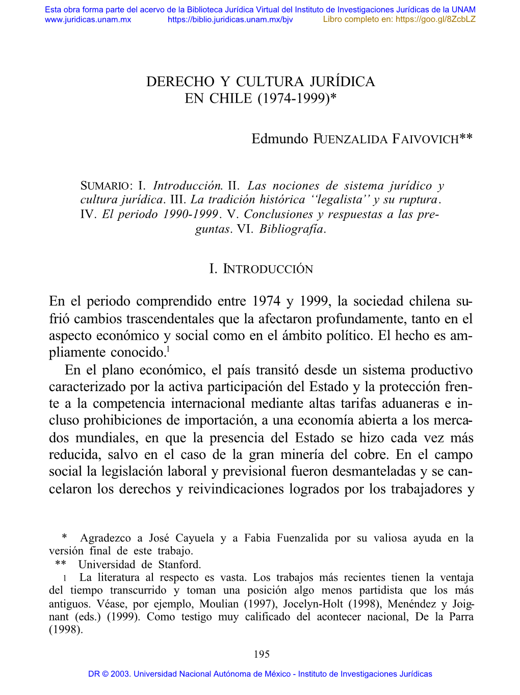Derecho Y Cultura Jurídica En Chile (1974-1999)*
